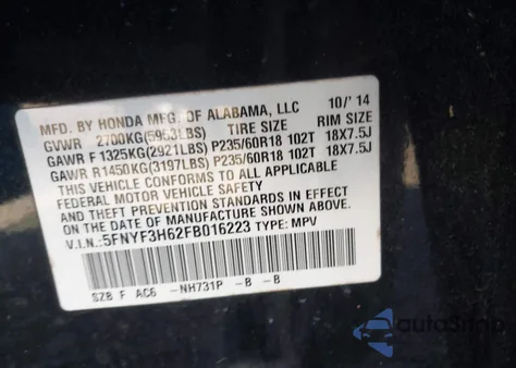 2015 Honda Pilot Ex-L z USA, uszkodzony, nr VIN 5FNYF3H62FB016223